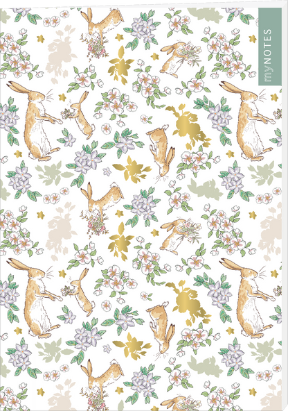 Das Buchcover zeigt eine zarte, fröhliche Musterung mit niedlichen Hasen, die in verschiedenen Positionen dargestellt sind. Die Hasen sind in sanften Orange- und Brauntönen gehalten, umgeben von floralen Elementen in Pastellfarben sowie goldenen Akzenten. Rechts oben ist der Titel „my NOTES“ in einer modernen, eleganten Schriftart platziert. Ganz unten mittig steht der Logoschriftzug von arsEdition.