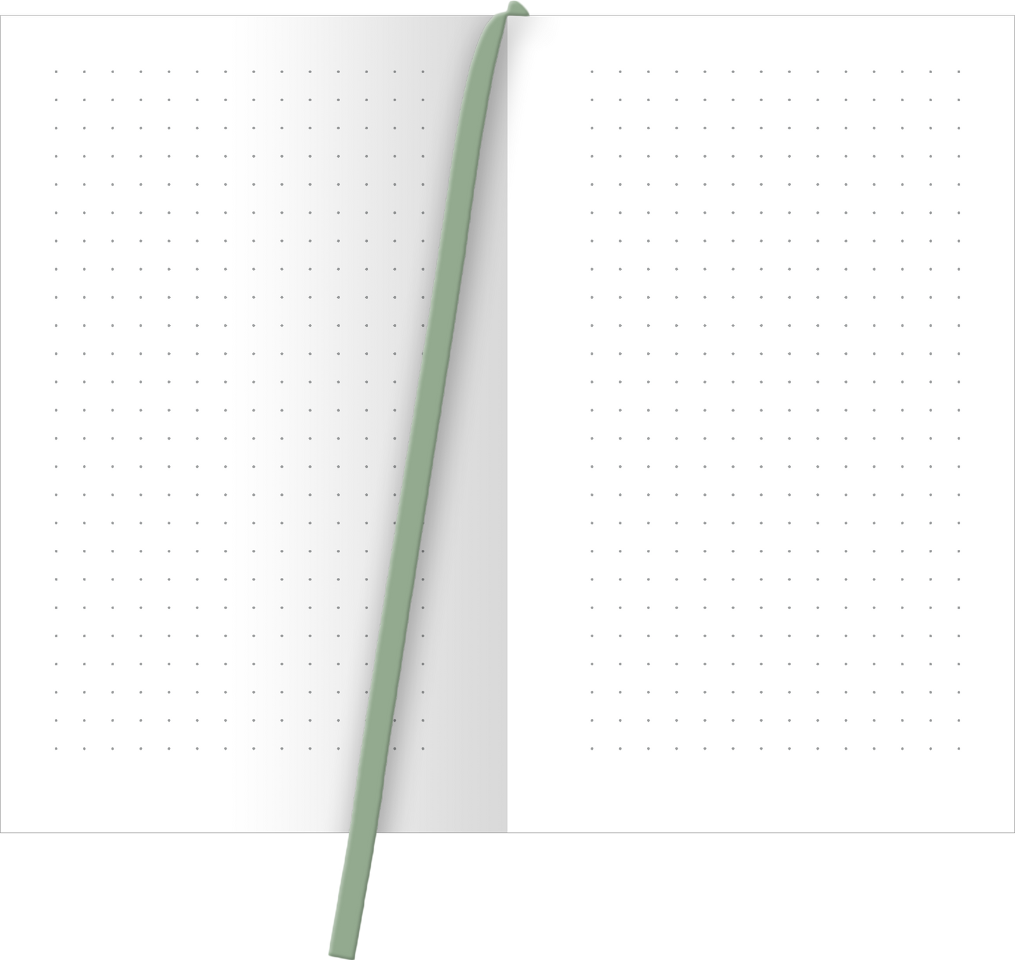 Gezeigt wird eine Innen- oder Zusatzansicht von „myNOTES Weißt du eigentlich, wie lieb ich dich hab? Notizbuch A6“. Die Doppelseite des Notizbuchs zeigt eine klare, weiße Oberfläche mit feinen, grauen Punkten, die als Schreiblinie dienen. Ein zartgrünes Lesebändchen ist mittig platziert und hebt sich sanft von den hellen Seiten ab. Die Typografie ist schlicht und modern, wodurch ein ansprechendes und zugleich funktionales Design entsteht.