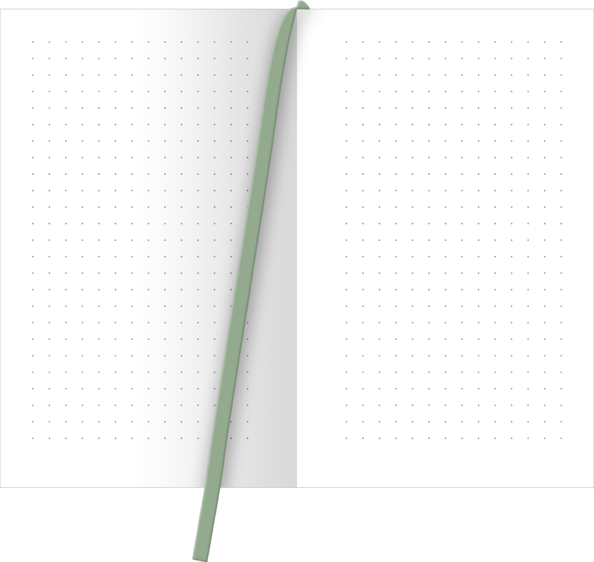 Gezeigt wird eine Innen- oder Zusatzansicht von „myNOTES Weißt du eigentlich, wie lieb ich dich hab? Notizbuch A6“. Die Doppelseite des Notizbuchs zeigt eine klare, weiße Oberfläche mit feinen, grauen Punkten, die als Schreiblinie dienen. Ein zartgrünes Lesebändchen ist mittig platziert und hebt sich sanft von den hellen Seiten ab. Die Typografie ist schlicht und modern, wodurch ein ansprechendes und zugleich funktionales Design entsteht.