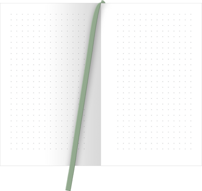 Gezeigt wird eine Innen- oder Zusatzansicht von „myNOTES Weißt du eigentlich, wie lieb ich dich hab? Notizbuch A6“. Die Doppelseite des Notizbuchs zeigt eine klare, weiße Oberfläche mit feinen, grauen Punkten, die als Schreiblinie dienen. Ein zartgrünes Lesebändchen ist mittig platziert und hebt sich sanft von den hellen Seiten ab. Die Typografie ist schlicht und modern, wodurch ein ansprechendes und zugleich funktionales Design entsteht.