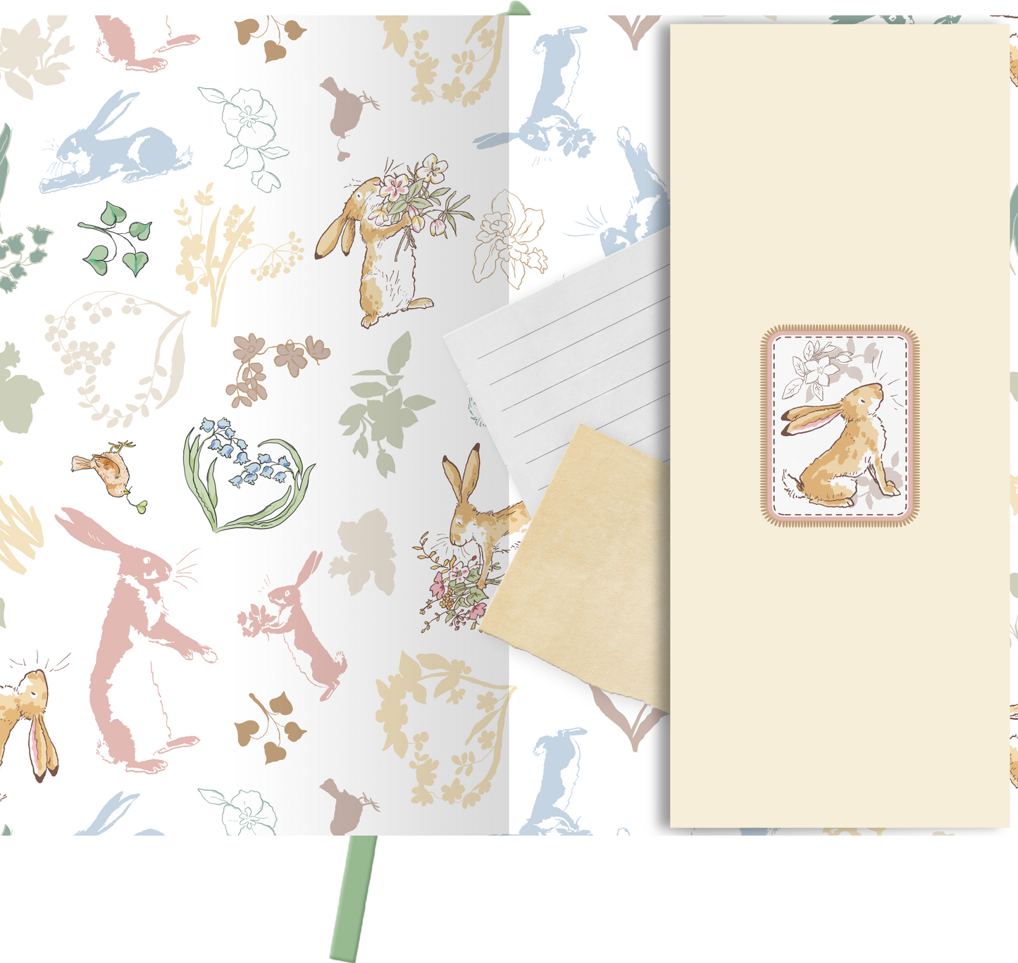 Gezeigt wird eine Innen- oder Zusatzansicht von „myNOTES Weißt du eigentlich, wie lieb ich dich hab? Notizbuch A6“. Die Ansicht zeigt eine sanfte, pastellige Farbauswahl mit floralen und tierischen Motiven, darunter Hasen und Blumen. Die Typografie ist verspielt und freundlich, ergänzt durch eine hellbeige Einschubtasche, die einen zarten Rahmen in einem floral gestalteten Etikett enthält. Die Designs vermitteln eine fröhliche und liebevolle Atmosphäre.