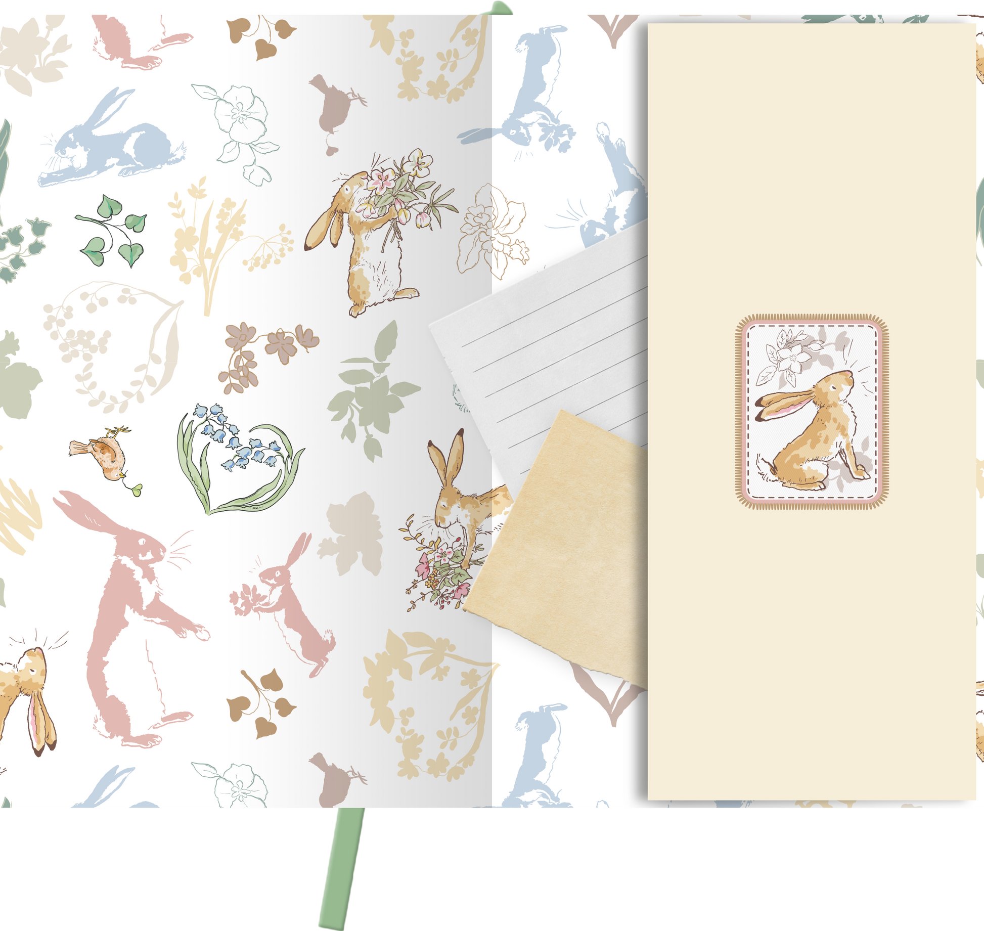 Gezeigt wird eine Innen- oder Zusatzansicht von „myNOTES Weißt du eigentlich, wie lieb ich dich hab? Notizbuch A6“. Die Ansicht zeigt eine sanfte, pastellige Farbauswahl mit floralen und tierischen Motiven, darunter Hasen und Blumen. Die Typografie ist verspielt und freundlich, ergänzt durch eine hellbeige Einschubtasche, die einen zarten Rahmen in einem floral gestalteten Etikett enthält. Die Designs vermitteln eine fröhliche und liebevolle Atmosphäre.