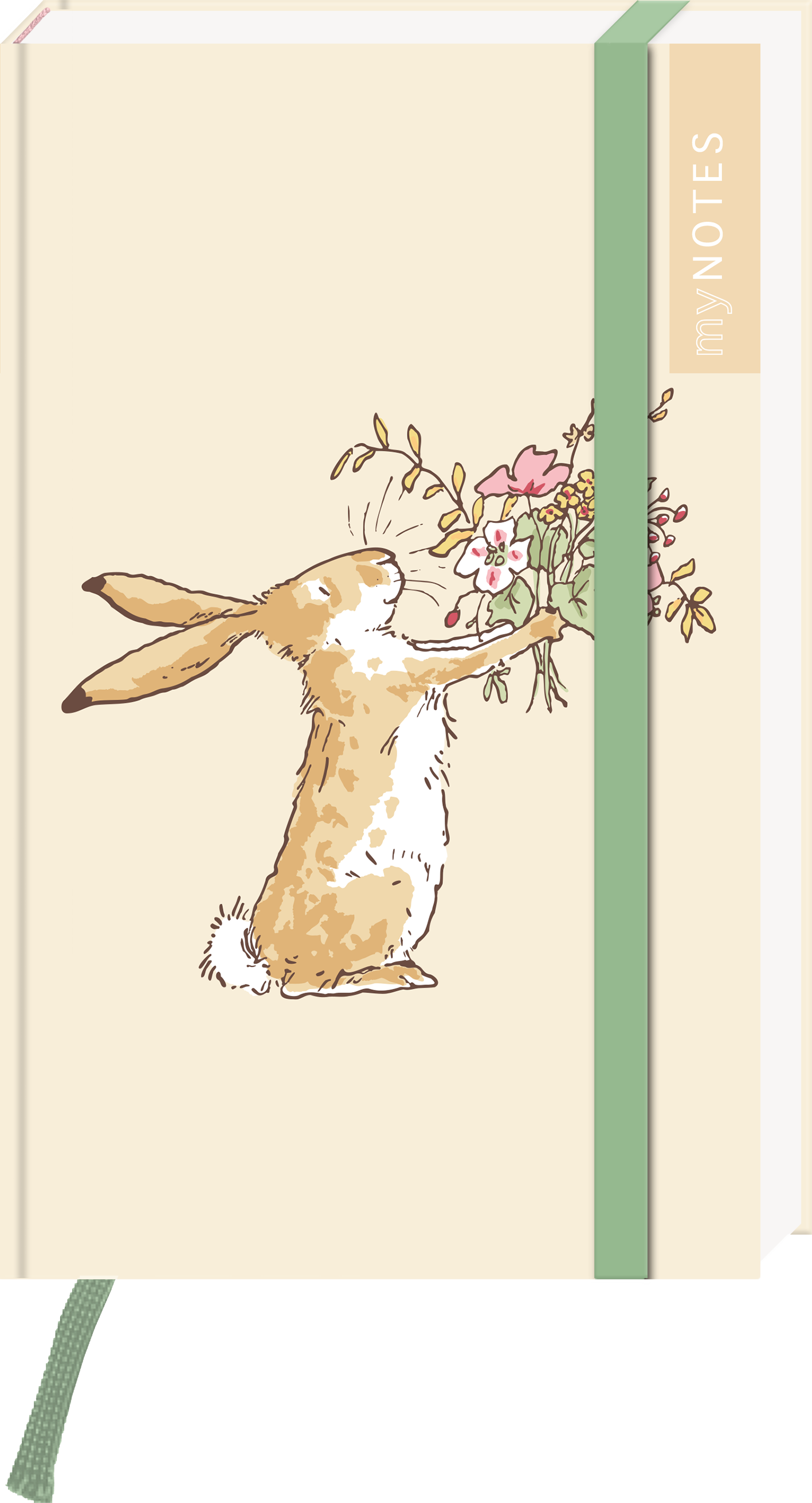 Das Buchcover zeigt einen niedlichen, hellbraunen Hasen, der mit seinen Vorderpfoten eine bunte Blumenstrauß hält. Der Hintergrund ist in sanften Beige- und Pastelltönen gehalten. Am rechten Rand ist vertikal in Weiß die Aufschrift „my NOTES“ zu sehen. Der gesamte Eindruck ist freundlich und verspielt, vermittelt eine liebevolle Atmosphäre. Ganz unten mittig steht der Logoschriftzug von arsEdition.