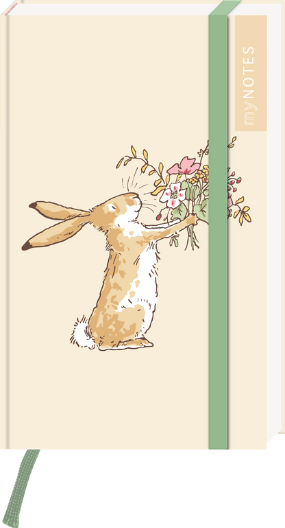 Das Buchcover zeigt einen niedlichen, hellbraunen Hasen, der mit seinen Vorderpfoten eine bunte Blumenstrauß hält. Der Hintergrund ist in sanften Beige- und Pastelltönen gehalten. Am rechten Rand ist vertikal in Weiß die Aufschrift „my NOTES“ zu sehen. Der gesamte Eindruck ist freundlich und verspielt, vermittelt eine liebevolle Atmosphäre. Ganz unten mittig steht der Logoschriftzug von arsEdition.