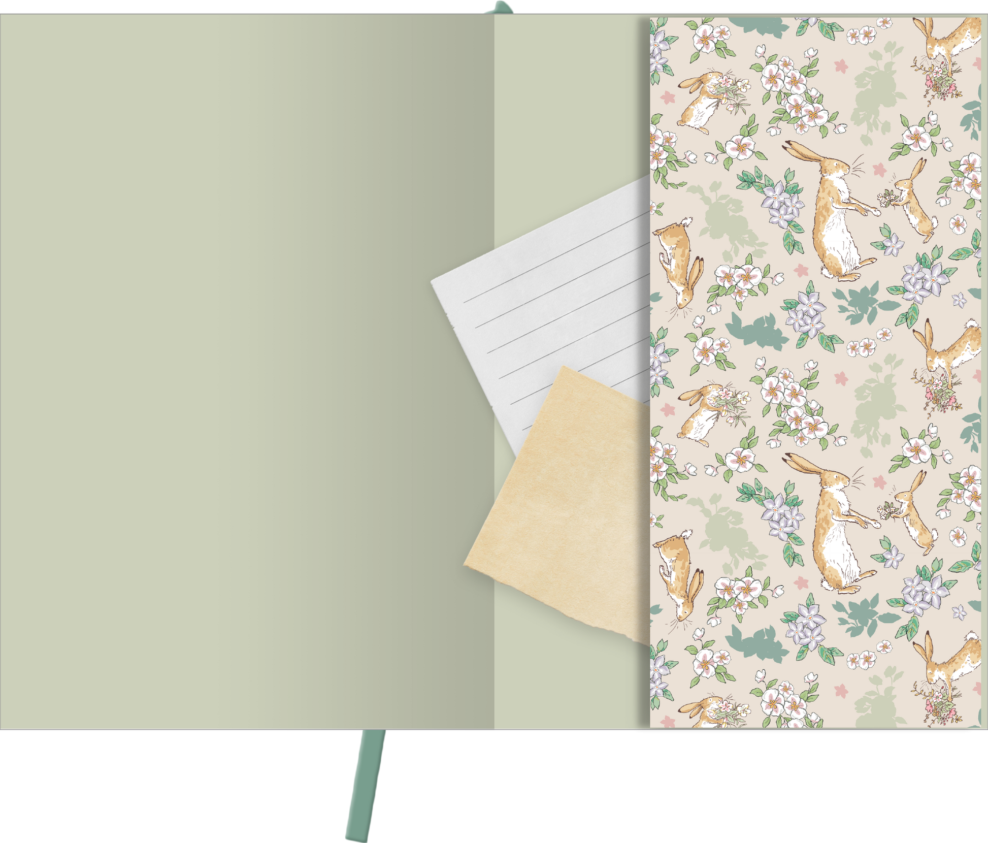 Gezeigt wird eine Innen- oder Zusatzansicht von „myNOTES Papeterie: Weißt du eigentlich, wie lieb ich dich hab? Notizbuch A5“. Die Innenseiten sind in sanften Grüntönen gehalten, ergänzt durch ein zartes, florales Muster mit niedlichen Hasen. Auf der linken Seite befindet sich ein liniertes Notizblatt und ein kleines, beiges Papierstück. Die Typografie ist freundlich und gut lesbar, was eine einladende und kreative Atmosphäre schafft.