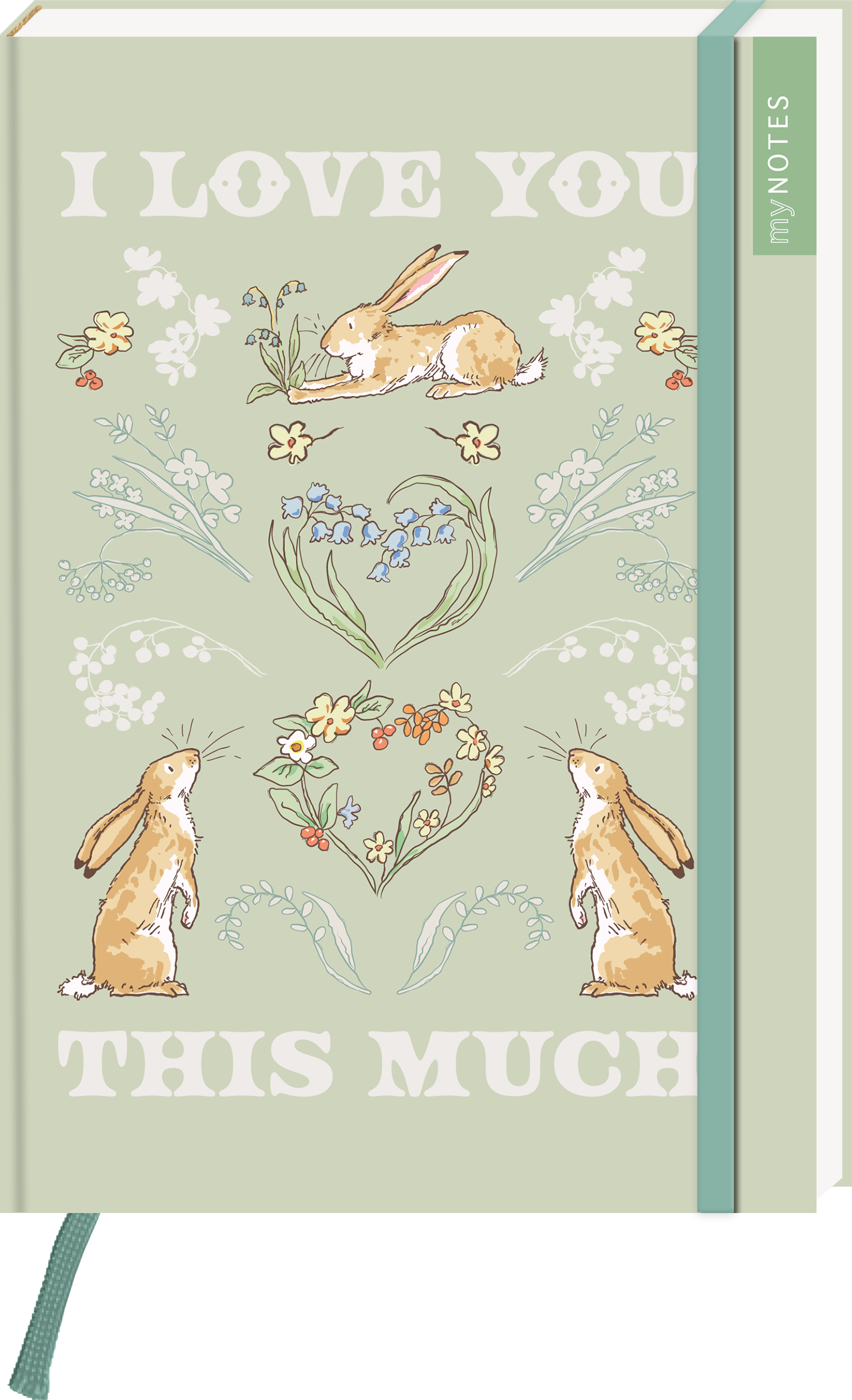 Das Buchcover zeigt eine sanfte grüne Hintergrundfarbe. In der oberen Hälfte ist der Schriftzug „I LOVE YOU“ in großen, weißen Buchstaben zu sehen. Darunter spielt ein Hase im Gras, flankiert von floralen Elementen, und in der unteren Hälfte steht „THIS MUCH“ ebenfalls in großen, weißen Lettern. Auf dem Cover sind mehrere detaillierte Hasenillustrationen und kleine Blumen abgebildet, die eine zärtliche, fröhliche Atmosphäre erzeugen. Ganz unten mittig steht der Logoschriftzug...