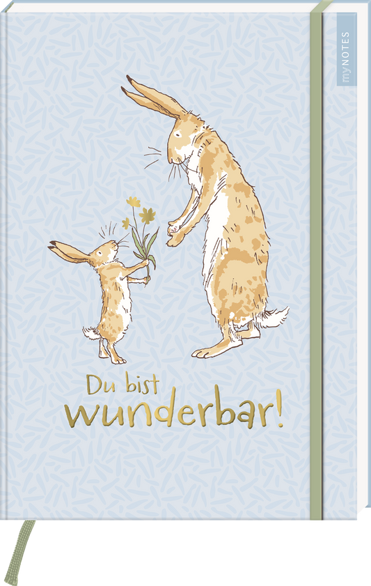 Das Buchcover zeigt zwei schelmisch schauende Hasen auf einem sanften blauen Hintergrund mit einem feinen, hellen Muster. Der größere Hase steht aufrecht und hält einen Blumenstrauß, während der kleinere Hase ihm bewundernd zusieht. In verspielter Schrift steht der Titel „Du bist wunderbar!“ in goldener Farbe, die das Cover freundlich und einladend erscheinen lässt. Ganz unten mittig steht der Logoschriftzug von arsEdition.