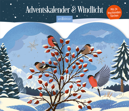 Cover zeigt den Titel „Adventskalender und Windlicht“ in weißer Serifenschrift auf einem dunkelblauen, sternenübersäten Himmel. Im Vordergrund ein im Schnee stehender Strauch mit roten Hagebutten, auf dem vier rote Vögel sitzen, einer im Flug. Blauweiße Hügel, schneebedeckte Tannen und Bergsilhouetten schaffen eine ruhige, festliche Winterstimmung. Oben rechts ein orangener Button mit dem Text „Mit 24 leuchtenden Türchen“. Ganz unten mittig steht der Logoschriftzug von arsEdition.