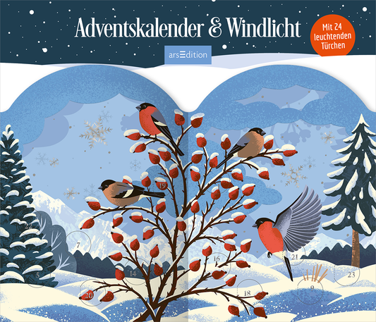 Cover zeigt den Titel „Adventskalender und Windlicht“ in weißer Serifenschrift auf einem dunkelblauen, sternenübersäten Himmel. Im Vordergrund ein im Schnee stehender Strauch mit roten Hagebutten, auf dem vier rote Vögel sitzen, einer im Flug. Blauweiße Hügel, schneebedeckte Tannen und Bergsilhouetten schaffen eine ruhige, festliche Winterstimmung. Oben rechts ein orangener Button mit dem Text „Mit 24 leuchtenden Türchen“. Ganz unten mittig steht der Logoschriftzug von arsEdition.