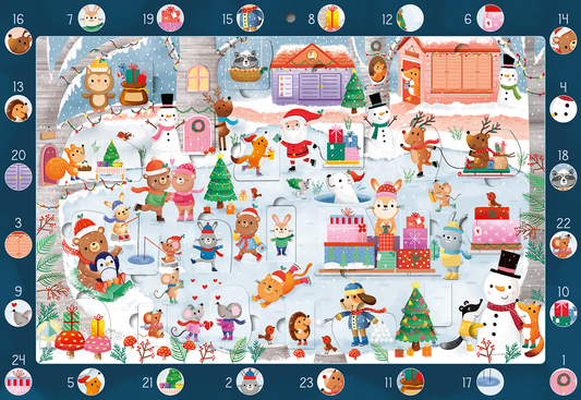 Das Cover zeigt eine lebhafte Winterlandschaft, in der verschiedene niedliche Tiere in festlicher Stimmung dargestellt sind. Farbige Geschenke und ein Weihnachtsbaum verzieren die Szene, während Schneeflocken sanft fallen. Die Hauptfarbe ist ein dunkles Blau, ergänzt durch warme Rottöne und fröhliches Weiß. In verspielter Schrift sind die Zahlen und tierischen Charaktere auf einem dunkelblauen Rahmen angeordnet. Ganz unten mittig steht der Logoschriftzug von arsEdition.