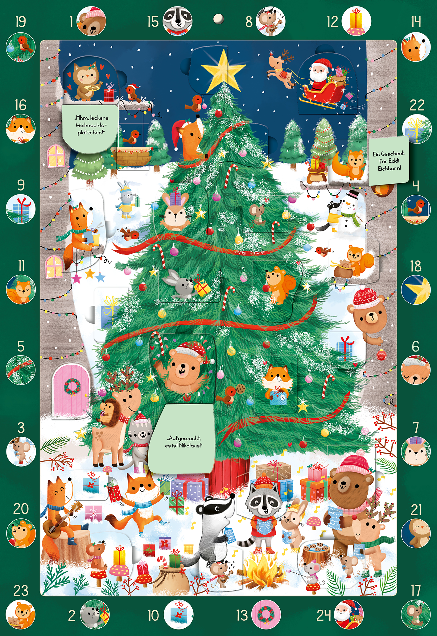 Gezeigt wird eine Innen- oder Zusatzansicht von „Mein Wimmel-Adventskalender: Kunterbunter Weihnachtsbaum“.