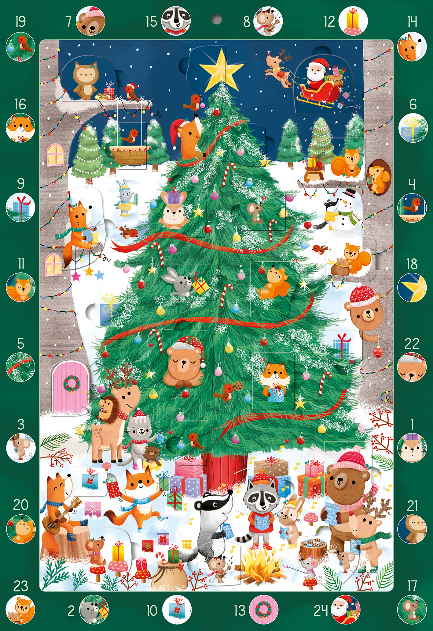Farbiges Adventskalender-Cover mit dunklem blauem Sternenhimmel, großem geschmücktem Tannenbaum in Bildmitte, gelbem Stern oben, roten Girlanden und bunten Kugeln. Schneeweiße Szenerie mit vielen tierischen Figuren wie Bären, Fuchs, Waschbär, Reh, Hasen, Eule und Weihnachtsmann im Schlitten rechts oben. Grüner Rahmen mit nummerierten Türchen in kleinen weißen Ziffern. Verspielte, runde Illustrationsschrift, freundliche, warme Atmosphäre. Ganz unten mittig steht der Logoschriftzug von...