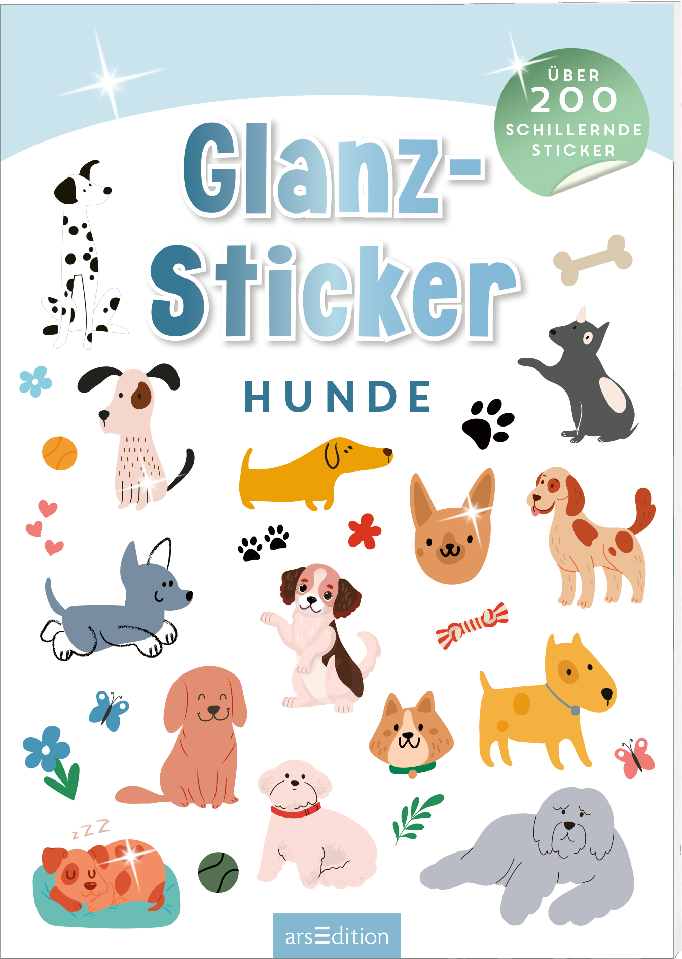 Das Cover zeigt ansprechend illustrierte verschiedene Hundemotive in sanften Farben. In der oberen Hälfte steht der Titel „Glanz-Sticker“ in großen, hellblauen Buchstaben, darunter der Untertitel „Hunde“ in freundlichem Dunkelblau. Um den Titel herum sind bunte Hundesticker sowie Pfotenabdrücke und Spielzeuge fröhlich angeordnet. Oben rechts befindet sich ein grüner Button mit der Aufschrift „Über 200 schillernde Sticker“. Ganz unten mittig steht der Logoschriftzug von...