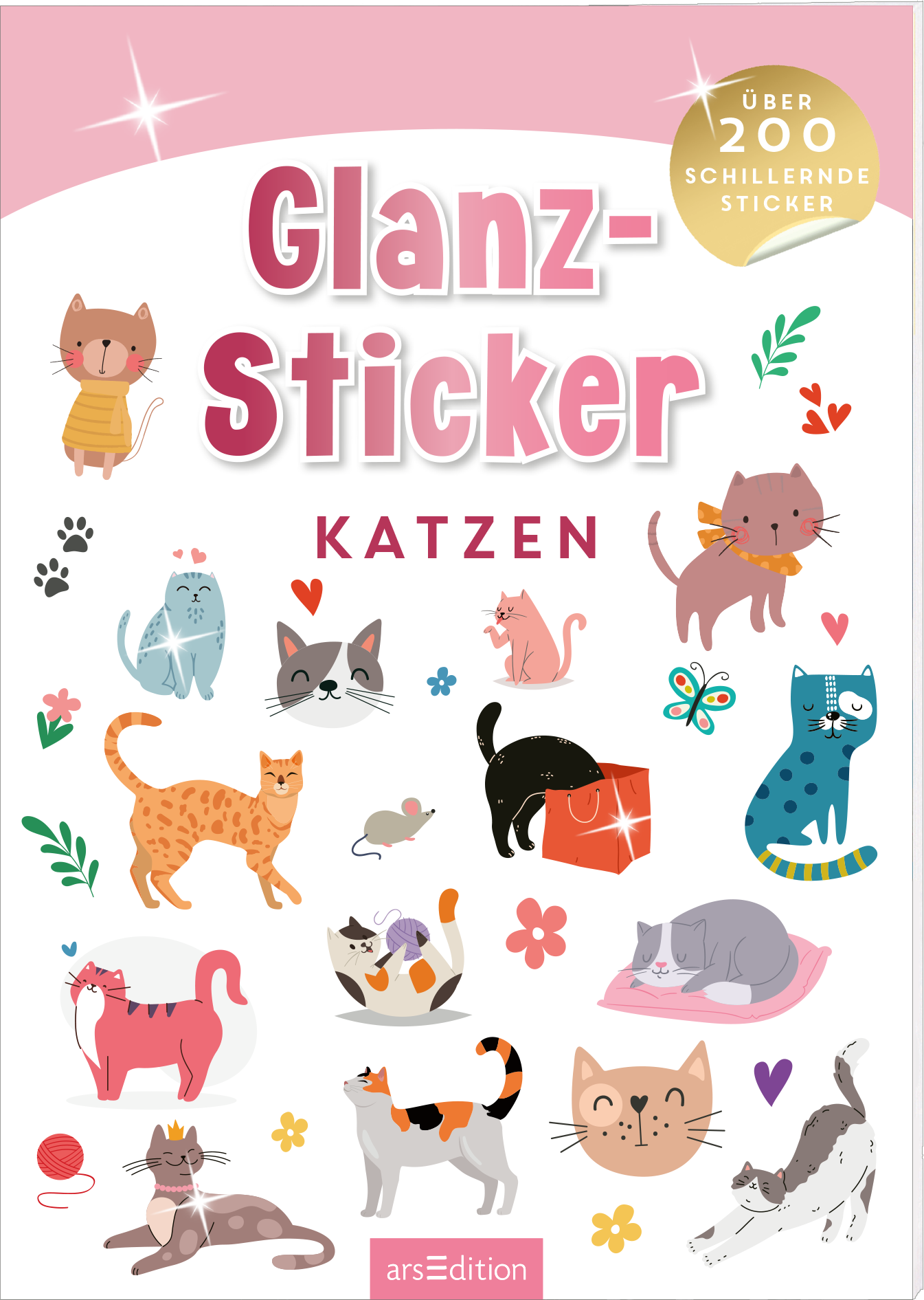 Das Cover zeigt eine fröhliche Anordnung von niedlichen Katzenillustrationen in verschiedenen Farben und Stilen, umgeben von Herzen und Pfotenabdrücken. Die Hauptfarbe des Covers ist ein sanftes Rosa, während der Titel „Glanz-Sticker“ in großen, rosa Buchstaben mit weißer Umrandung hervorsticht. Darunter steht in kleinerer Schrift „Katzen“. Ein goldener Button mit dem Text „Über 200 schillernde Sticker“ ist oben links platziert. Ganz unten mittig steht der Logoschriftzug von...