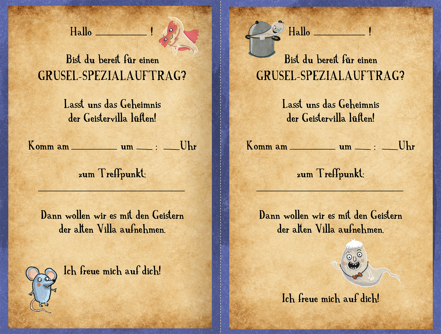 Gezeigt wird eine Innen- oder Zusatzansicht von „Die große Grusel-Schnitzeljagd“. Die beiden Karten sind auf einem beige-gedämpften Hintergrund gestaltet und wirken wie alte Schriftrollen. Auf der linken Seite sind skurrile Illustrationen eines Fisches und einer Maus abgebildet, auf der rechten Seite ein Topf mit etwas Unbekanntem und ein Gespenst. Die Schwarzschrift ist lebhaft und spielerisch, während wichtige Informationen in größeren Schriftgrößen hervorgehoben sind. Die Karten...