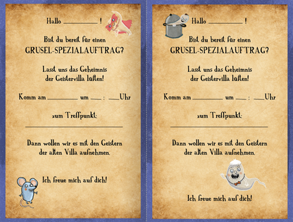 Gezeigt wird eine Innen- oder Zusatzansicht von „Die große Grusel-Schnitzeljagd“. Die beiden Karten sind auf einem beige-gedämpften Hintergrund gestaltet und wirken wie alte Schriftrollen. Auf der linken Seite sind skurrile Illustrationen eines Fisches und einer Maus abgebildet, auf der rechten Seite ein Topf mit etwas Unbekanntem und ein Gespenst. Die Schwarzschrift ist lebhaft und spielerisch, während wichtige Informationen in größeren Schriftgrößen hervorgehoben sind. Die Karten...