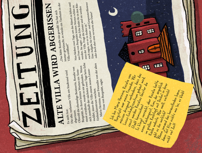 Gezeigt wird eine Innen- oder Zusatzansicht von „Die große Grusel-Schnitzeljagd“. Auf einem rot gehaltenen Hintergrund befindet sich eine Zeitung mit dem Titel „ZEITUNG“ in großen schwarzen Buchstaben. Darunter steht ein Artikel über eine alte Villa, die abgerissen werden soll, in kleinerer, klarer Schrift. Links sieht man eine stilisierte, grüne Mond- und Wolkenillustration. An der rechten Seite ist ein gelbes Blatt mit handschriftlichem Text, das wichtige Hinweise zur...