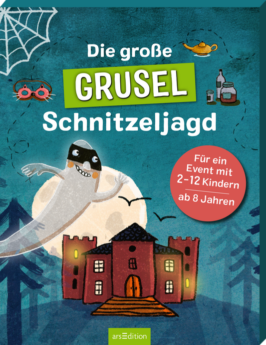 Auf dem Buchcover „Die große GRUSEL Schnitzeljagd“ ist ein grinsender, maskierter Geist abgebildet. Der Hintergrund zeigt einen gruseligen, blauen Himmel und ein schauriges Schloss. Der Titel ist in auffälligem, grünen Comic-Stil gehalten. Im runden, roten Button steht der Text „Für ein Event mit 2-12 Kindern ab 8 Jahren“. Ganz unten mittig steht der Logoschriftzug von arsEdition.