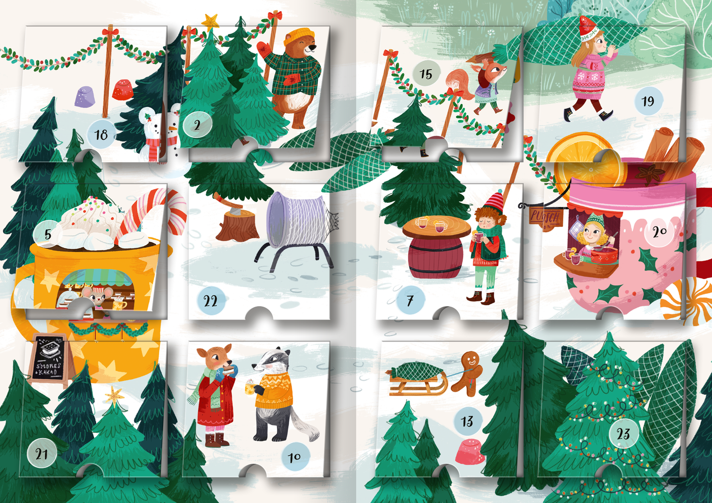 Gezeigt wird eine Innen- oder Zusatzansicht von „Mein Adventskalender mit Stickern – Im Winterwald“.