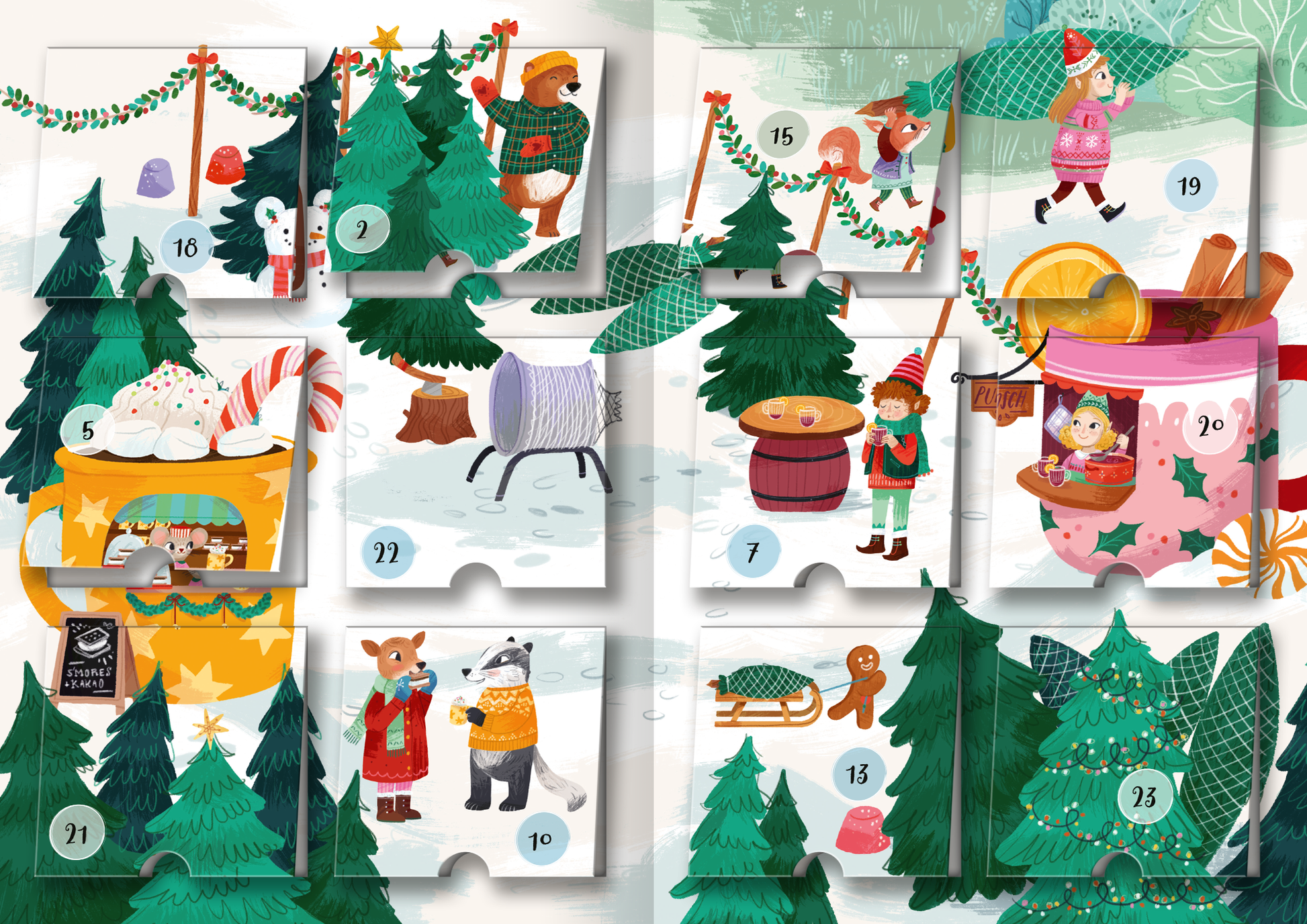 Gezeigt wird eine Innen- oder Zusatzansicht von „Mein Adventskalender mit Stickern – Im Winterwald“.