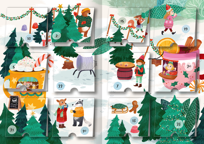 Gezeigt wird eine Innen- oder Zusatzansicht von „Mein Adventskalender mit Stickern – Im Winterwald“.