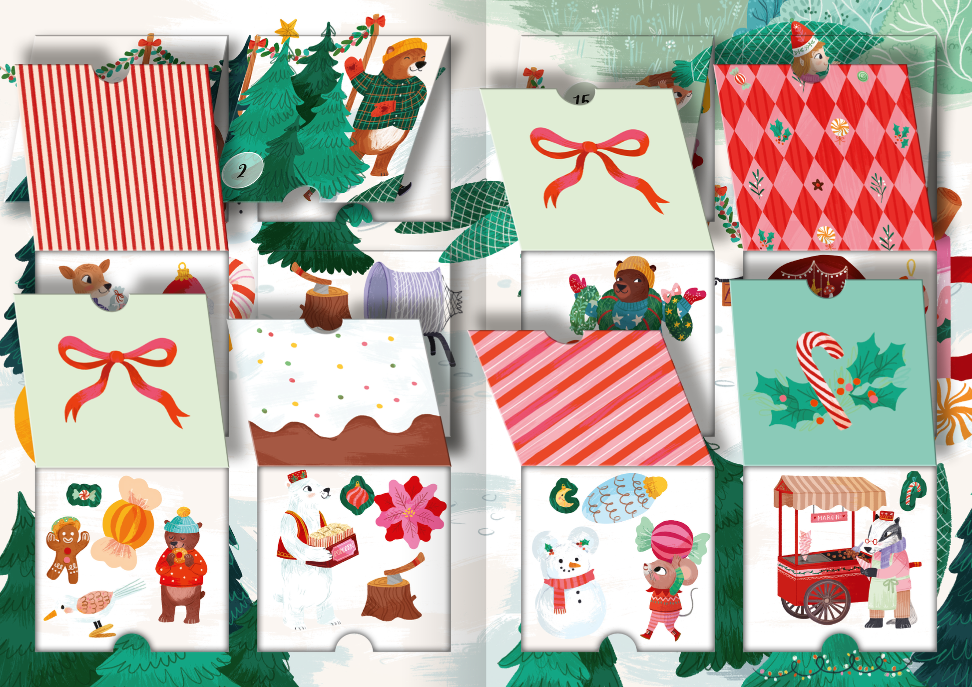 Gezeigt wird eine Innen- oder Zusatzansicht von „Mein Adventskalender mit Stickern – Im Winterwald“.