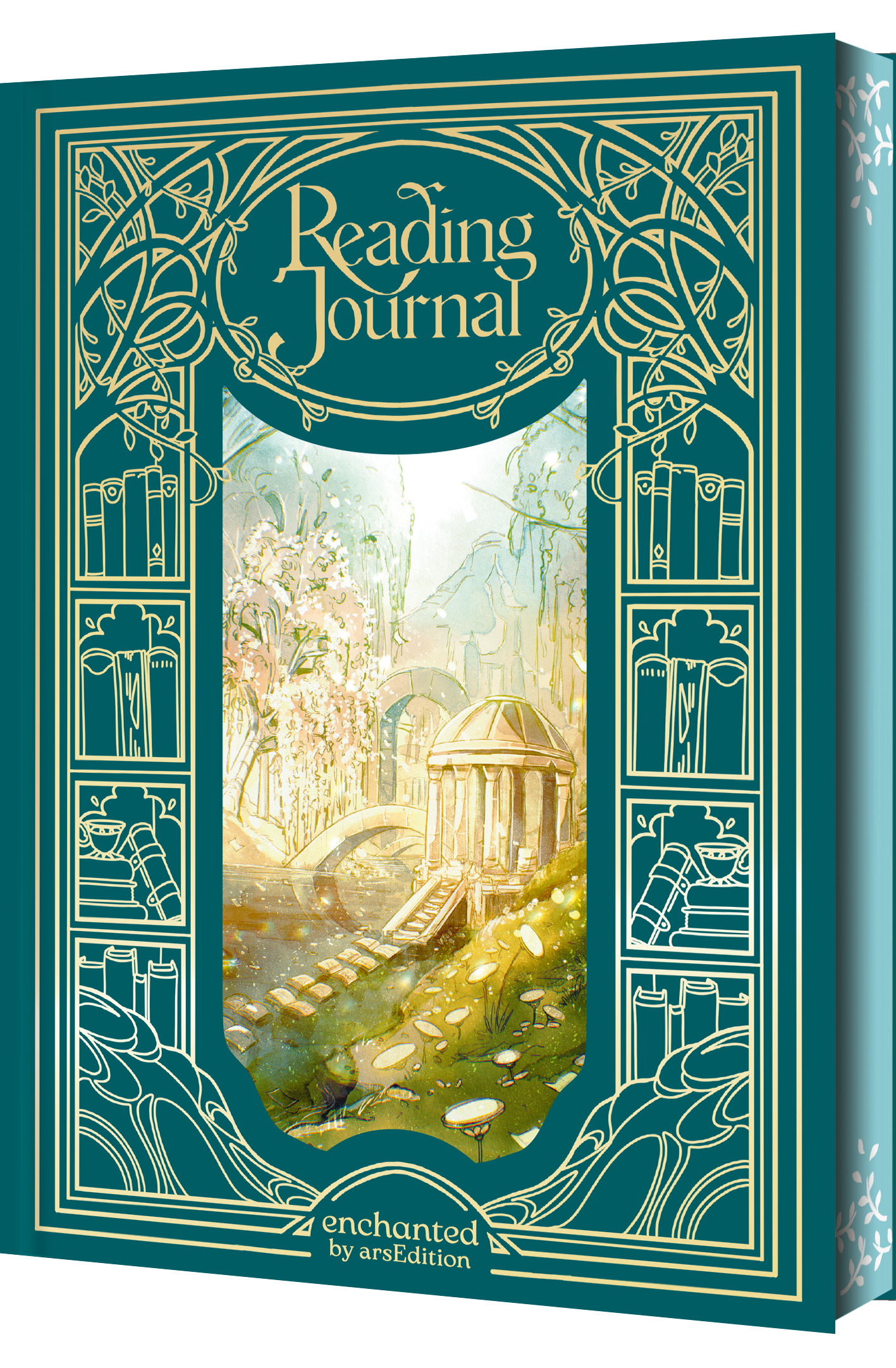 Das türkisgrüne Cover des Journals ist mit einer filigranen goldenen Prägung verziert. Oben zentriert steht der Titel „Reading Journal“ in geschwungener goldener Serifenschrift. Mittig befindet sich ein pastellfarbenes, verträumtes Landschaftsgemälde. Zu sehen ist ein Pavillon, eine kleine Brücke, Steinstufen und Naturelemente, die in warmes, märchenhaftes Licht getaucht sind. Unten mittig steht in kleiner Schrift „enchanted by arsEdition“.