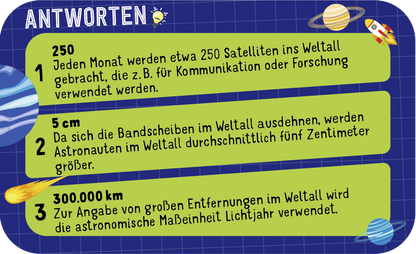 Gezeigt wird eine Innen- oder Zusatzansicht von „Science &amp; Kids – Space Challenge“. Der Hintergrund ist in einem tiefen Blau gehalten, verziert mit einem gitterartigen Muster, das den Eindruck von Weltraum vermittelt. In hellen Farben sind drei informative Aussagen in Kästchen angeordnet, die mit den Zahlen 1 bis 3 nummeriert sind. Die Typografie ist modern und gut lesbar, während kleine Illustrationen von Planeten die Struktur auflockern und kindgerechte Ansprache fördern.