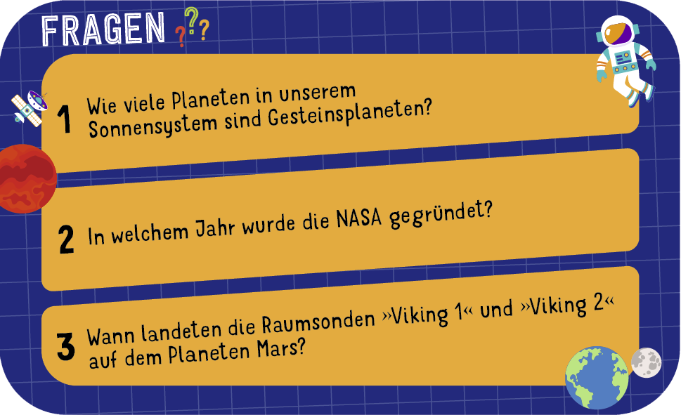 Gezeigt wird eine Innen- oder Zusatzansicht von „Science &amp; Kids – Space Challenge“. Die Abbildung zeigt einen blauen Hintergrund mit einem geschmackvollen Karomuster. Zentrale Elemente sind drei farbige Fragenkästen in Hellblau, Gelb und Dunkelblau. Die Fragen sind in einer klaren, kinderfreundlichen Schriftart gehalten. Grafische Elemente wie Planeten und eine Astronautenfigur sind ebenfalls dargestellt, um das Thema Weltraum zu unterstreichen.