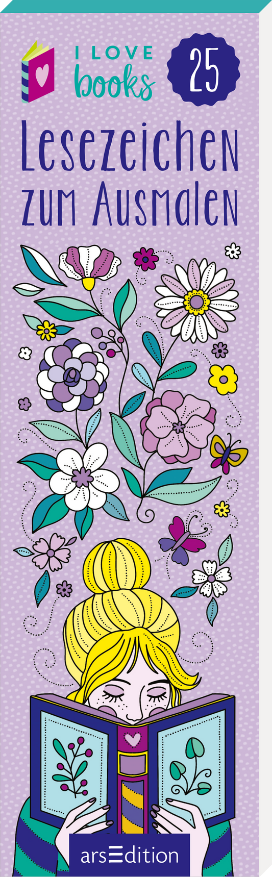 Das Cover zeigt ein farbenfrohes und verspieltes Design auf lila Hintergrund. Im oberen Bereich steht in bunten Buchstaben „I LOVE books“ und daneben die Zahl „25“. In der Mitte befindet sich eine Illustration eines Mädchens mit blonden Haaren, das ein aufgeschlagenes Buch hält. Um das Mädchen wachsen verschiedene Blumen und Pflanzen, die ins Auge fallen. Der Titel „Lesezeichen zum Ausmalen“ ist vertikal in einer verspielten Schriftart angeordnet. Ganz unten mittig steht der...