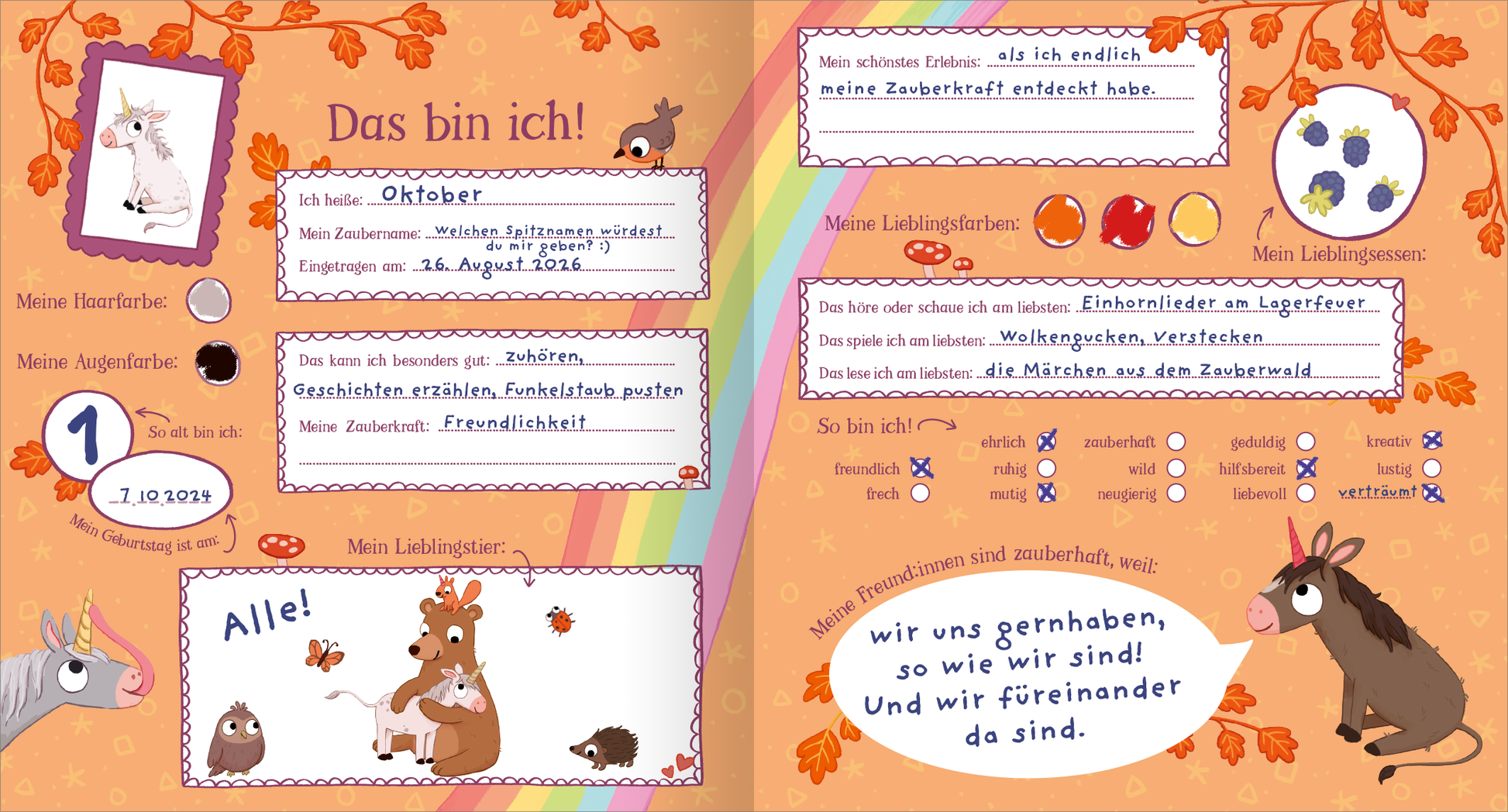 Gezeigt wird eine Innen- oder Zusatzansicht von „Ein Einhorn namens Oktober – Meine Freunde“.
