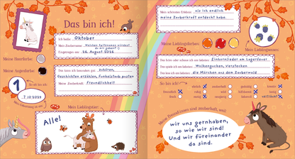 Gezeigt wird eine Innen- oder Zusatzansicht von „Ein Einhorn namens Oktober – Meine Freunde“.