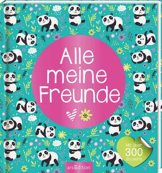 Auf dem Cover „Alle meine Freunde“ sind zahlreiche fröhliche Pandas in schwarz-weiß vor einem türkisfarbenen Hintergrund abgebildet. In der Mitte des Covers liegt ein großer, pinker Kreis mit dem Titel „Alle meine Freunde“ in weißer Schrift. Zwischen den Pandas sind kleine bunte Blumen, grüner Bambus und Regenwolken verteilt. In der unteren rechten Ecke befindet sich ein grüner, herzförmiger Aufkleber mit dem Text „Mit über 300 Stickern“. Ganz unten mittig steht der...