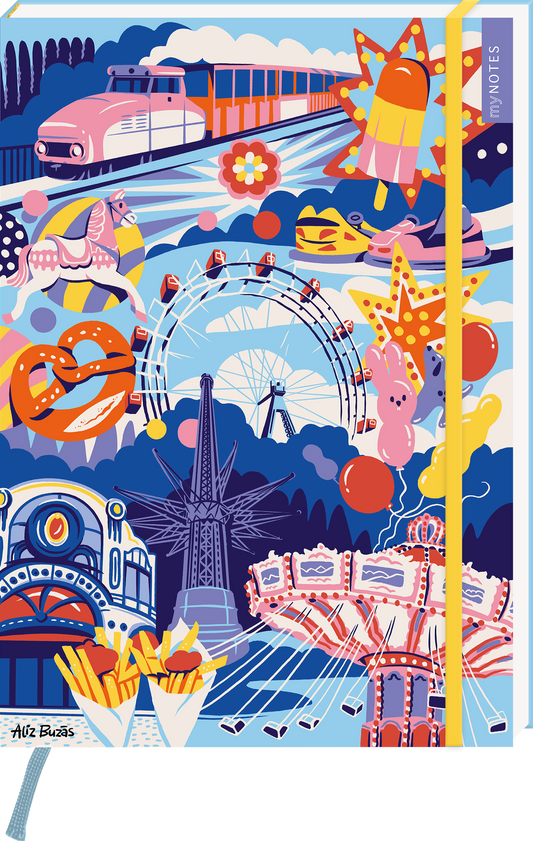Das Buchcover zeigt eine lebendige, farbenfrohe Illustraion mit einem Freizeitpark-Thema. Die dominierenden Farben sind Blau, Gelb und Rot, was eine fröhliche Atmosphäre schafft. Zu sehen sind ein Riesenrad, Karussells, ein Waggon eines Zuges, sowie verschiedene Attraktionen und Leckereien wie Brezeln und Pommes. Die Typografie ist modern und verspielt. Ganz unten mittig steht der Logoschriftzug von arsEdition.