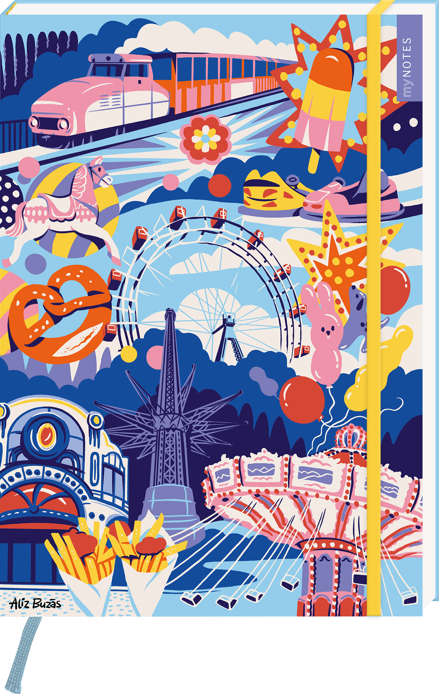 Das Buchcover zeigt eine lebendige, farbenfrohe Illustraion mit einem Freizeitpark-Thema. Die dominierenden Farben sind Blau, Gelb und Rot, was eine fröhliche Atmosphäre schafft. Zu sehen sind ein Riesenrad, Karussells, ein Waggon eines Zuges, sowie verschiedene Attraktionen und Leckereien wie Brezeln und Pommes. Die Typografie ist modern und verspielt. Ganz unten mittig steht der Logoschriftzug von arsEdition.
