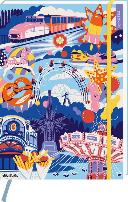Das Buchcover zeigt eine lebendige, farbenfrohe Illustraion mit einem Freizeitpark-Thema. Die dominierenden Farben sind Blau, Gelb und Rot, was eine fröhliche Atmosphäre schafft. Zu sehen sind ein Riesenrad, Karussells, ein Waggon eines Zuges, sowie verschiedene Attraktionen und Leckereien wie Brezeln und Pommes. Die Typografie ist modern und verspielt. Ganz unten mittig steht der Logoschriftzug von arsEdition.