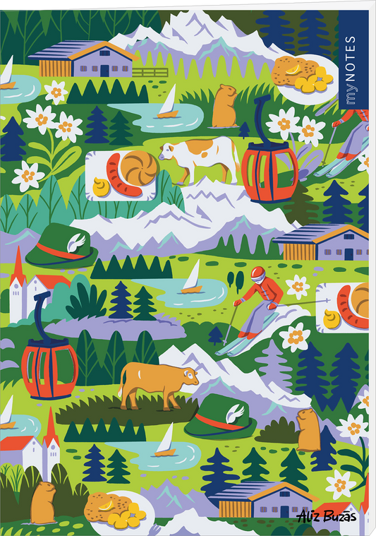 Das Cover zeigt eine bunte, idyllische Landschaft mit Bergen, Wiesen und Wasserflächen. Zahlreiche Elemente wie Kühe, Skifahrer, Gänse und Blumen verleihen der Darstellung Lebendigkeit. Die Farben sind leuchtend und vielfältig, bestehend aus unterschiedlichen Grün- und Blautönen sowie warmen Akzenten. Die Typografie am rechten Rand liest „my NOTES“. Ganz unten mittig steht der Logoschriftzug von arsEdition.