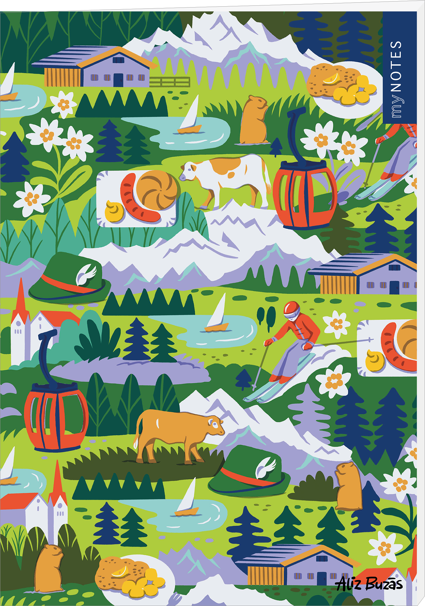 Das Cover zeigt eine bunte, idyllische Landschaft mit Bergen, Wiesen und Wasserflächen. Zahlreiche Elemente wie Kühe, Skifahrer, Gänse und Blumen verleihen der Darstellung Lebendigkeit. Die Farben sind leuchtend und vielfältig, bestehend aus unterschiedlichen Grün- und Blautönen sowie warmen Akzenten. Die Typografie am rechten Rand liest „my NOTES“. Ganz unten mittig steht der Logoschriftzug von arsEdition.