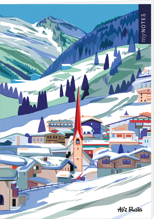 Das Buchcover zeigt eine malerische Schneelandschaft mit sanften Hügeln und schneebedeckten Bergen im Hintergrund. Im Vordergrund dominiert ein kleines, idyllisches Dorf mit bunten, stylisierten Häusern, die von schneebedeckten Dächern geschmückt sind. Eine markante rote Kirchturmspitze ragt in den Himmel. Die Schriftart für den Titel „my NOTES“ ist modern und steht auf der rechten Seite des Covers. Ganz unten mittig steht der Logoschriftzug von arsEdition.