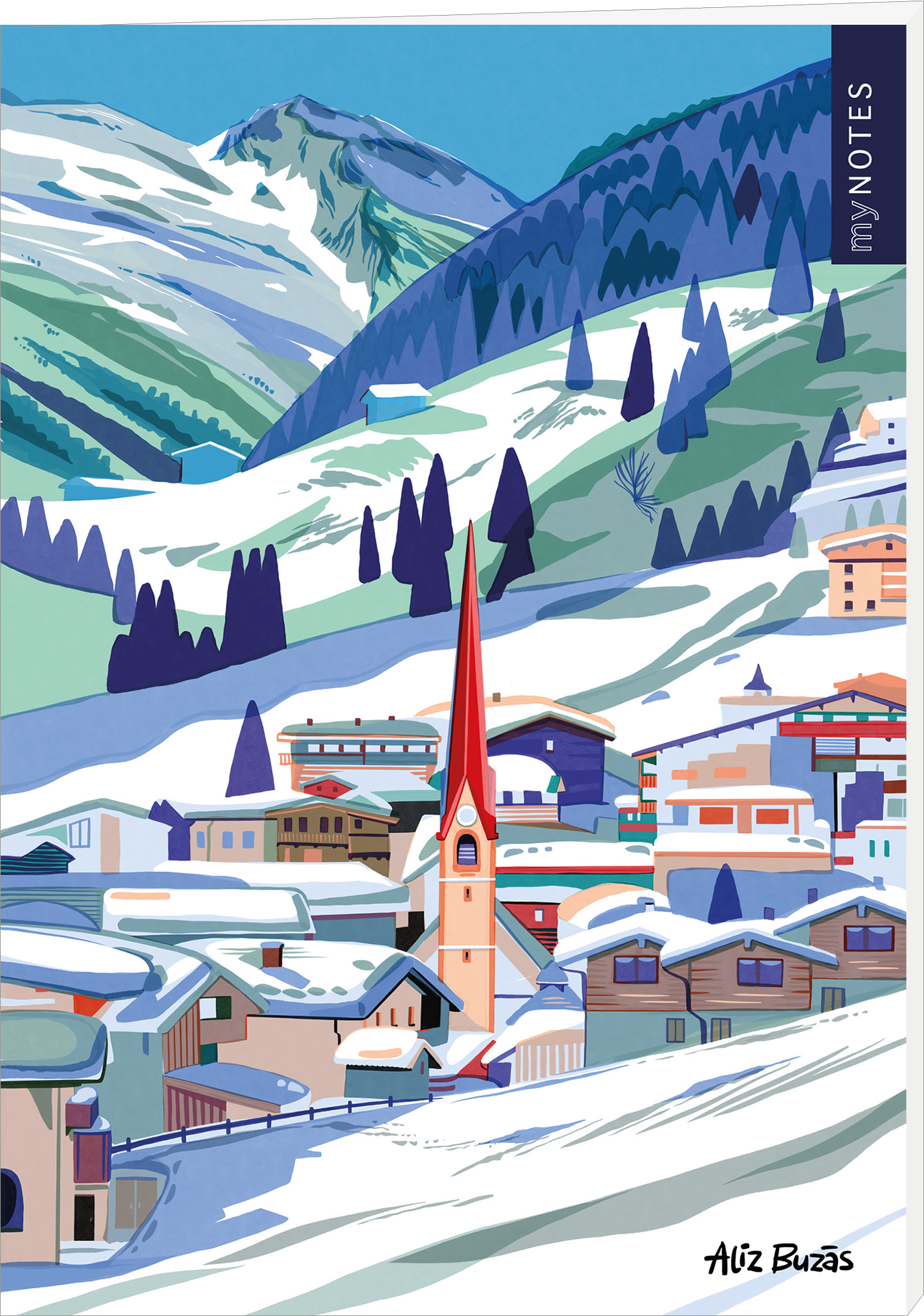 Das Buchcover zeigt eine malerische Schneelandschaft mit sanften Hügeln und schneebedeckten Bergen im Hintergrund. Im Vordergrund dominiert ein kleines, idyllisches Dorf mit bunten, stylisierten Häusern, die von schneebedeckten Dächern geschmückt sind. Eine markante rote Kirchturmspitze ragt in den Himmel. Die Schriftart für den Titel „my NOTES“ ist modern und steht auf der rechten Seite des Covers. Ganz unten mittig steht der Logoschriftzug von arsEdition.