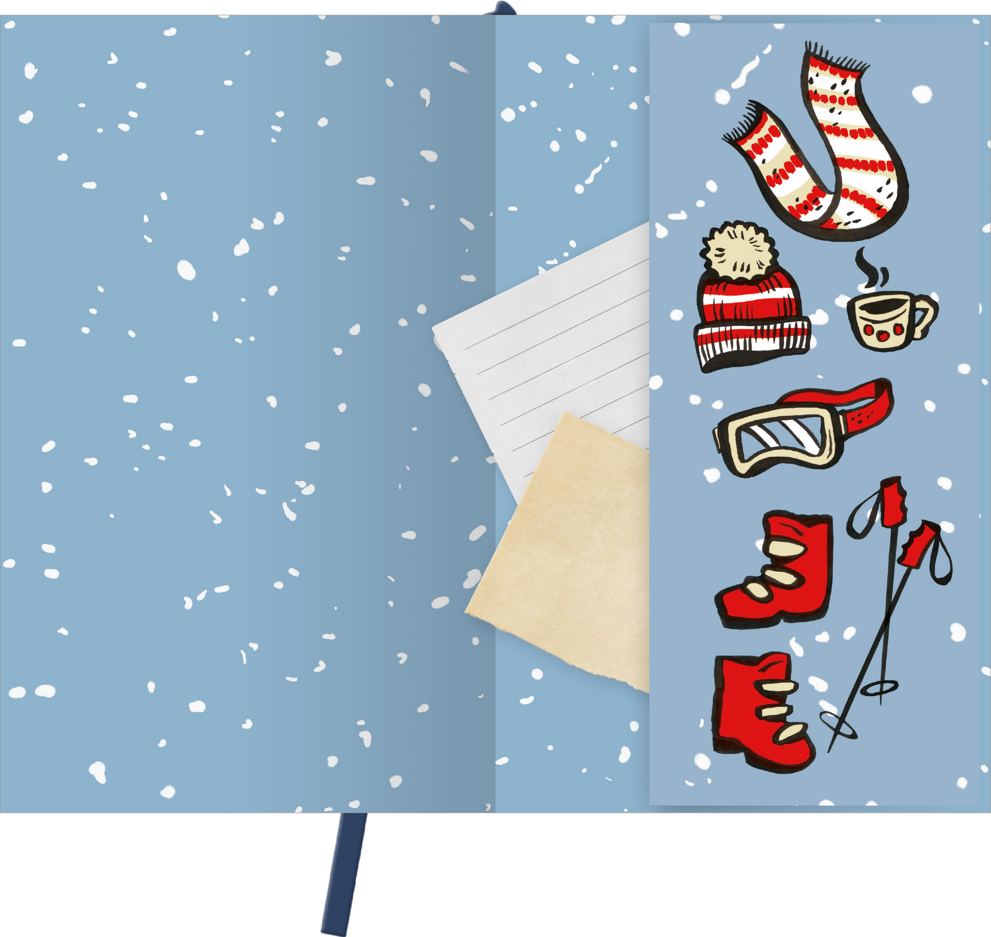 Gezeigt wird eine Innen- oder Zusatzansicht von „myNOTES Papeterie: Notizbuch A6 Österreich – Schneeglück &amp; Ski-Momente“.