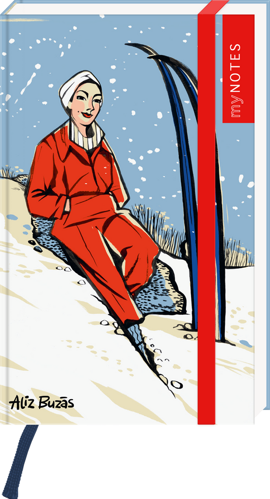 Das Buchcover zeigt eine stilisierte Illustrationsfigur einer Frau in roter Skibekleidung, die entspannt auf einem großen Stein sitzt. Ihr Gesicht strahlt eine freundliche Atmosphäre aus, umgeben von schneebedeckter Landschaft und blauen Himmelstönen. Die Typografie des Titels „myNOTES“ ist in leuchtendem Rot gehalten und hebt sich deutlich ab. Ganz unten mittig steht der Logoschriftzug von arsEdition.
