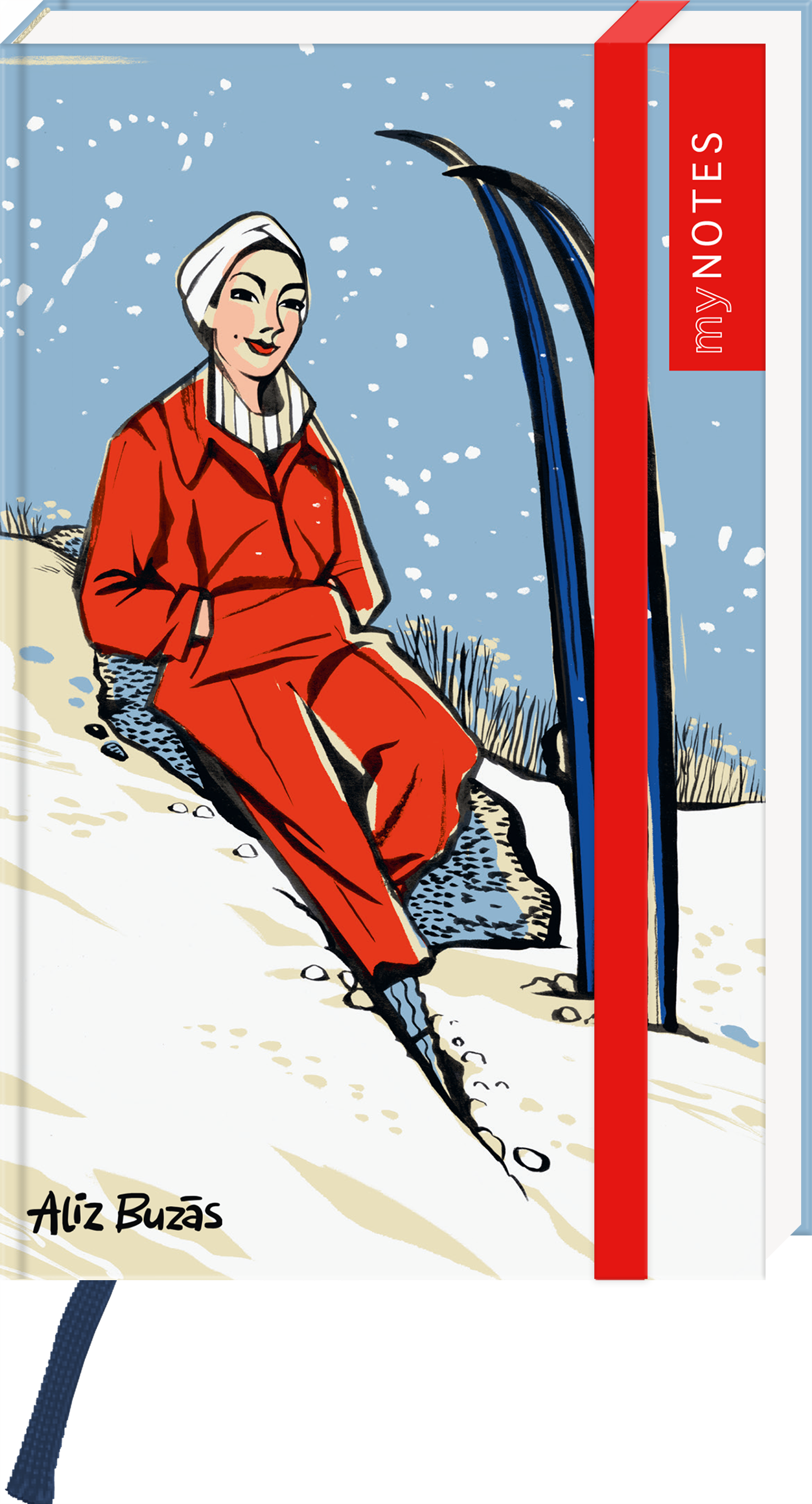 Das Buchcover zeigt eine stilisierte Illustrationsfigur einer Frau in roter Skibekleidung, die entspannt auf einem großen Stein sitzt. Ihr Gesicht strahlt eine freundliche Atmosphäre aus, umgeben von schneebedeckter Landschaft und blauen Himmelstönen. Die Typografie des Titels „myNOTES“ ist in leuchtendem Rot gehalten und hebt sich deutlich ab. Ganz unten mittig steht der Logoschriftzug von arsEdition.