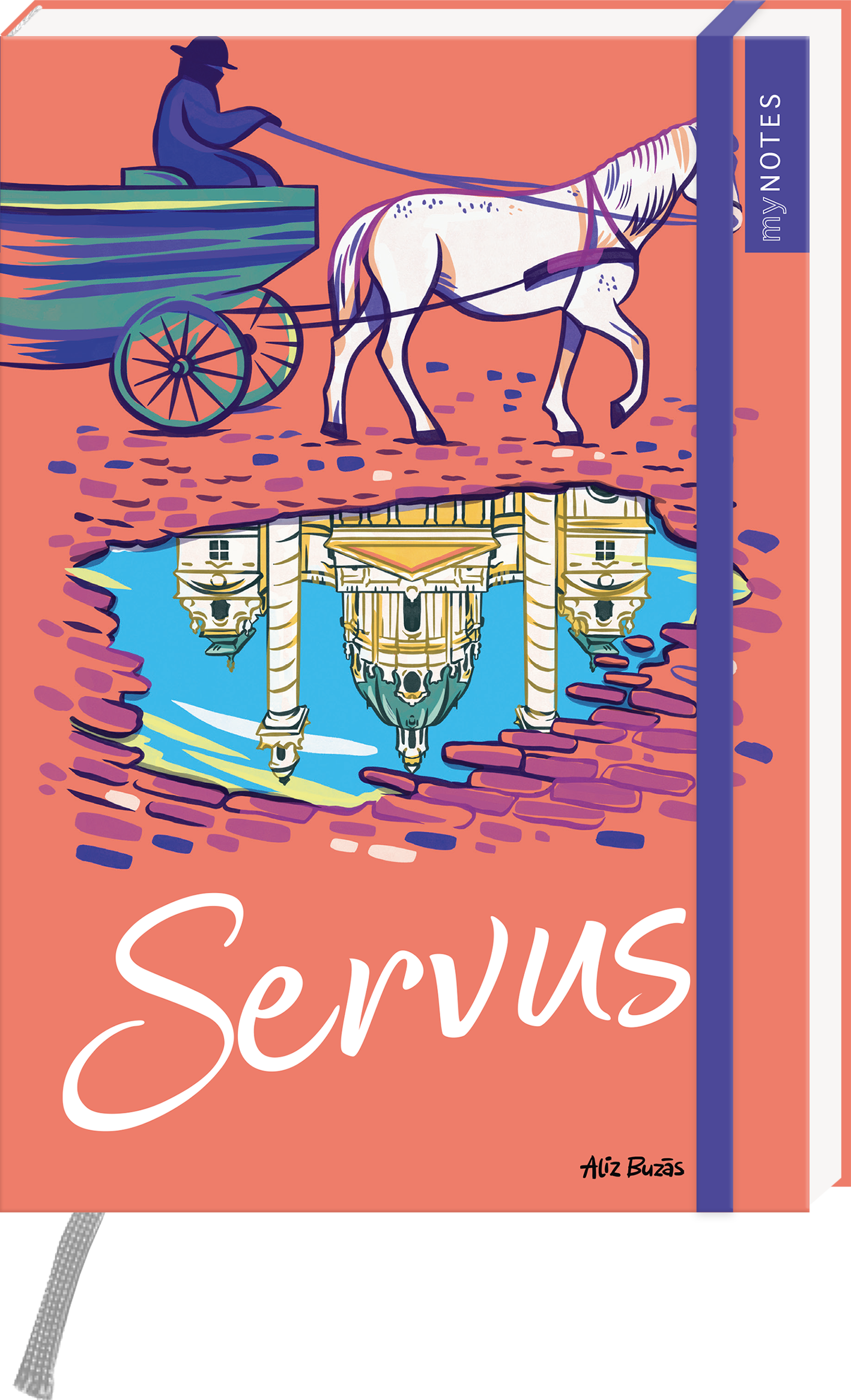 Das Buchcover zeigt eine lebendige, korallenrote Hintergrundfarbe. Im Vordergrund ist eine farbenfrohe Illustration eines Pferdes mit einer Kutsche und einem Fahrer zu sehen, die auf einem gepflasterten Weg stehen. Über dem Bild spiegelt sich eine architektonische Szenerie im Wasser, was eine verträumte Atmosphäre vermittelt. Der Titel „Servus“ ist in einer geschwungenen, weißen Schriftart geschrieben. Ganz oben rechts befindet sich ein blauer Sticker mit dem Text „my NOTES“. Ganz...