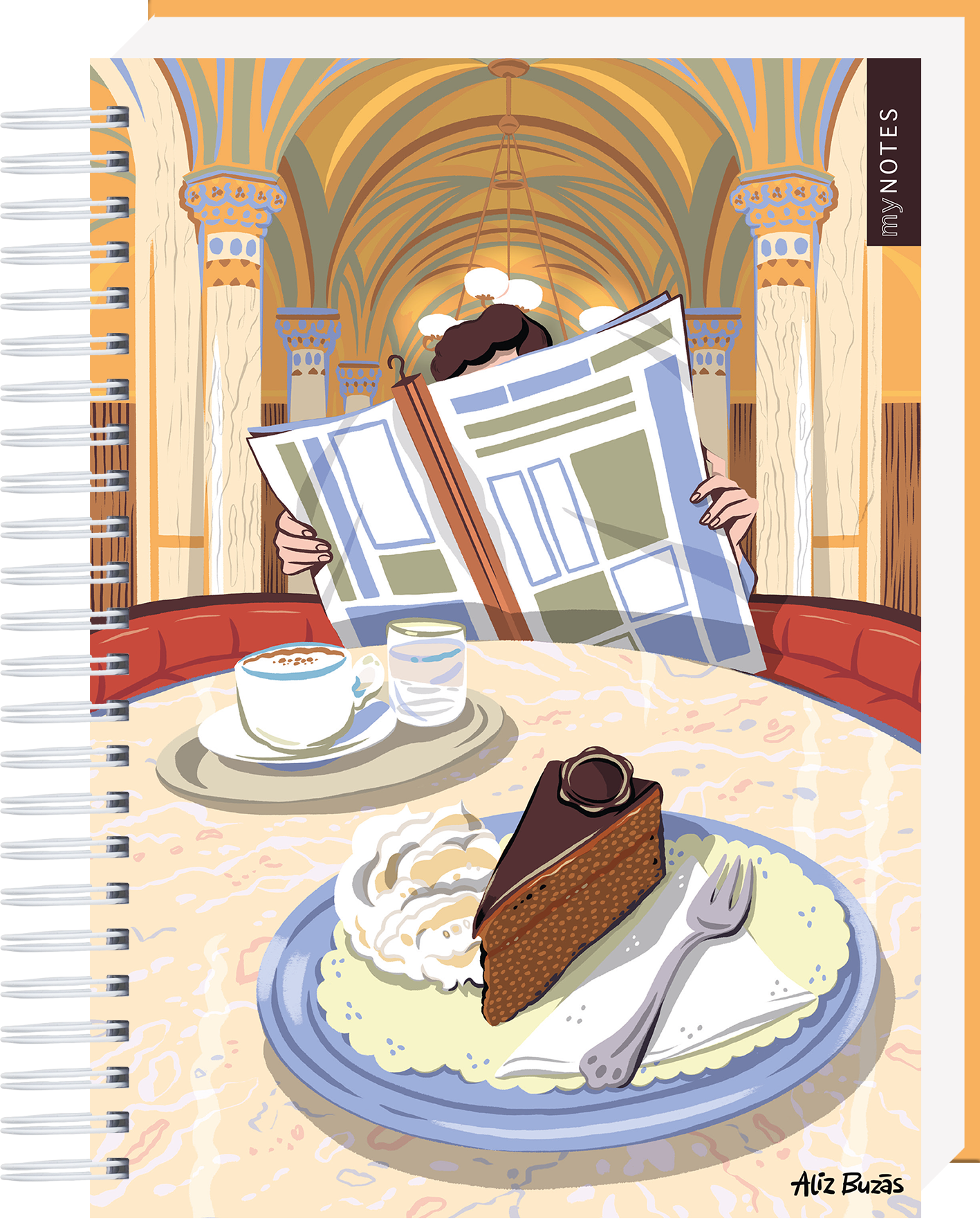 Das Buchcover zeigt eine einladende Cafészene mit einem gemütlichen Tisch, auf dem ein Stück Schokoladenkuchen mit Sahne und eine Tasse Kaffee stehen. Im Hintergrund betrachtet eine Person eine Zeitung, während sie in einem prachtvollen Raum mit hohen Säulen sitzt, die in warmen Gelbtönen gehalten sind. Die Typografie „my NOTES“ ist deutlich sichtbar. Ganz unten mittig steht der Logoschriftzug von arsEdition.