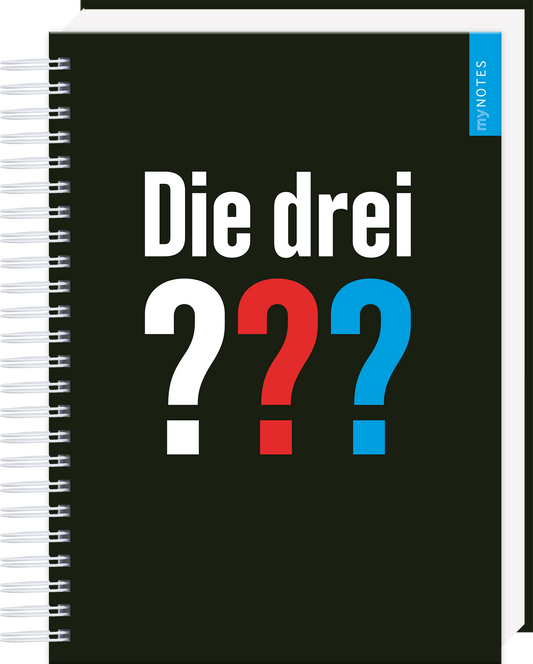 Das Buchcover zeigt einen schwarzen Hintergrund mit einem markanten Titel in großen, weißen Buchstaben: „Die drei“. Es folgt eine Reihe von Fragezeichen in unterschiedlichen Farben: das erste in Rot, das zweite in Schwarz und das dritte in Blau. Oben rechts befindet sich ein blauer Rechtecksticker mit der Aufschrift „my NOTES“. Die Gestaltung vermittelt eine spannende und geheimnisvolle Atmosphäre. Ganz unten mittig steht der Logoschriftzug von arsEdition.