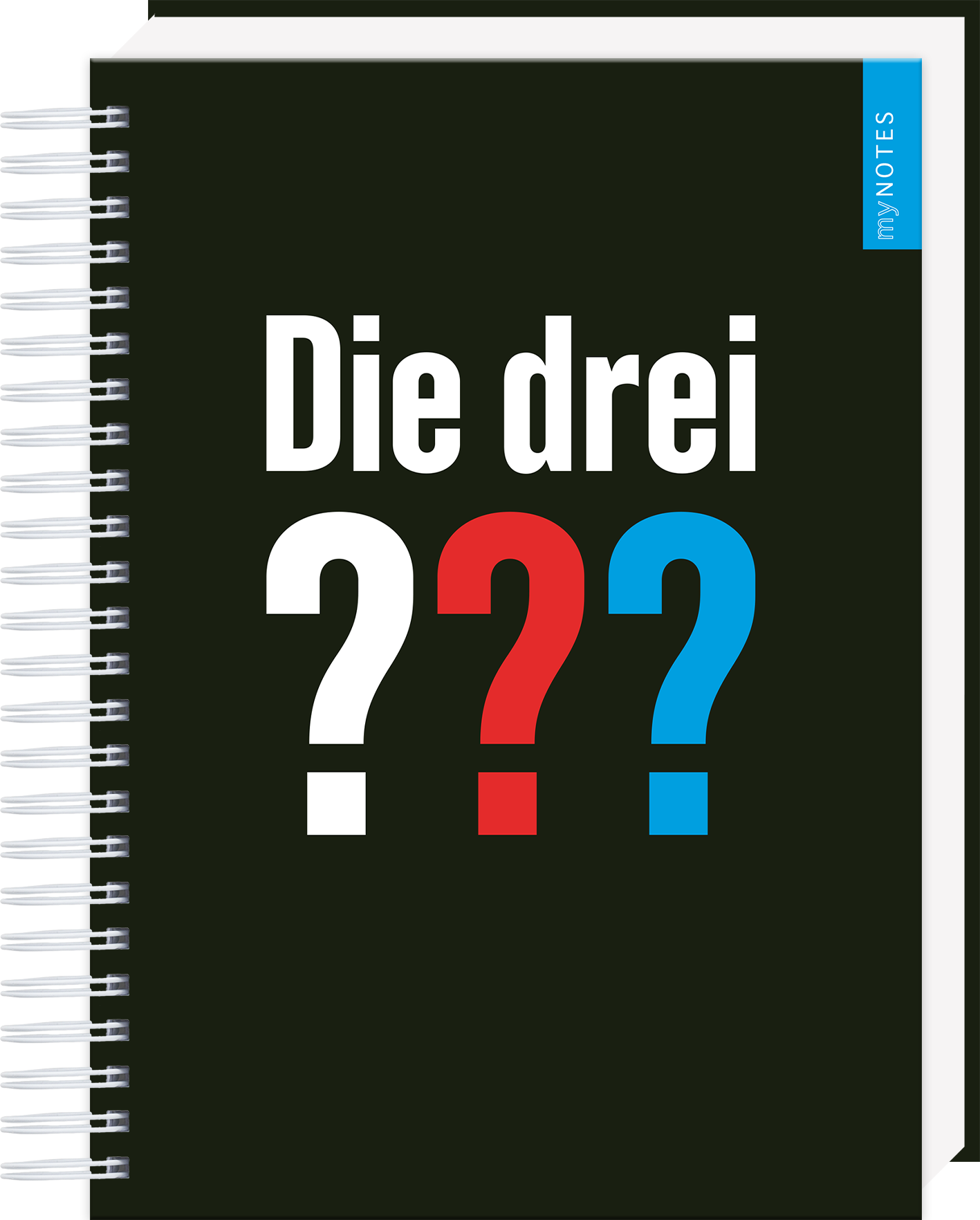 Das Buchcover zeigt einen schwarzen Hintergrund mit einem markanten Titel in großen, weißen Buchstaben: „Die drei“. Es folgt eine Reihe von Fragezeichen in unterschiedlichen Farben: das erste in Rot, das zweite in Schwarz und das dritte in Blau. Oben rechts befindet sich ein blauer Rechtecksticker mit der Aufschrift „my NOTES“. Die Gestaltung vermittelt eine spannende und geheimnisvolle Atmosphäre. Ganz unten mittig steht der Logoschriftzug von arsEdition.