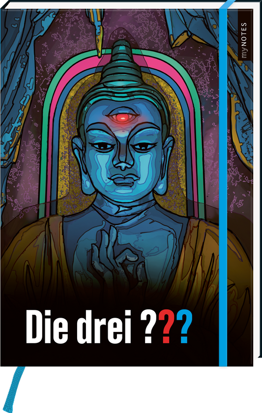 Das Buchcover zeigt eine stilisierte Darstellung eines Buddha mit leuchtenden blauen und grünen Farbnuancen. Der Buddha hat einen dritten Augensymbol in der Mitte der Stirn und erhebt die Hände in einer gängigen Geste, die Ruhe und Weisheit ausstrahlt. Der Titel „Die drei ???“ steht in auffälliger, weißer Schrift und ist am unteren Rand des Covers platziert. Ganz unten mittig steht der Logoschriftzug von arsEdition.