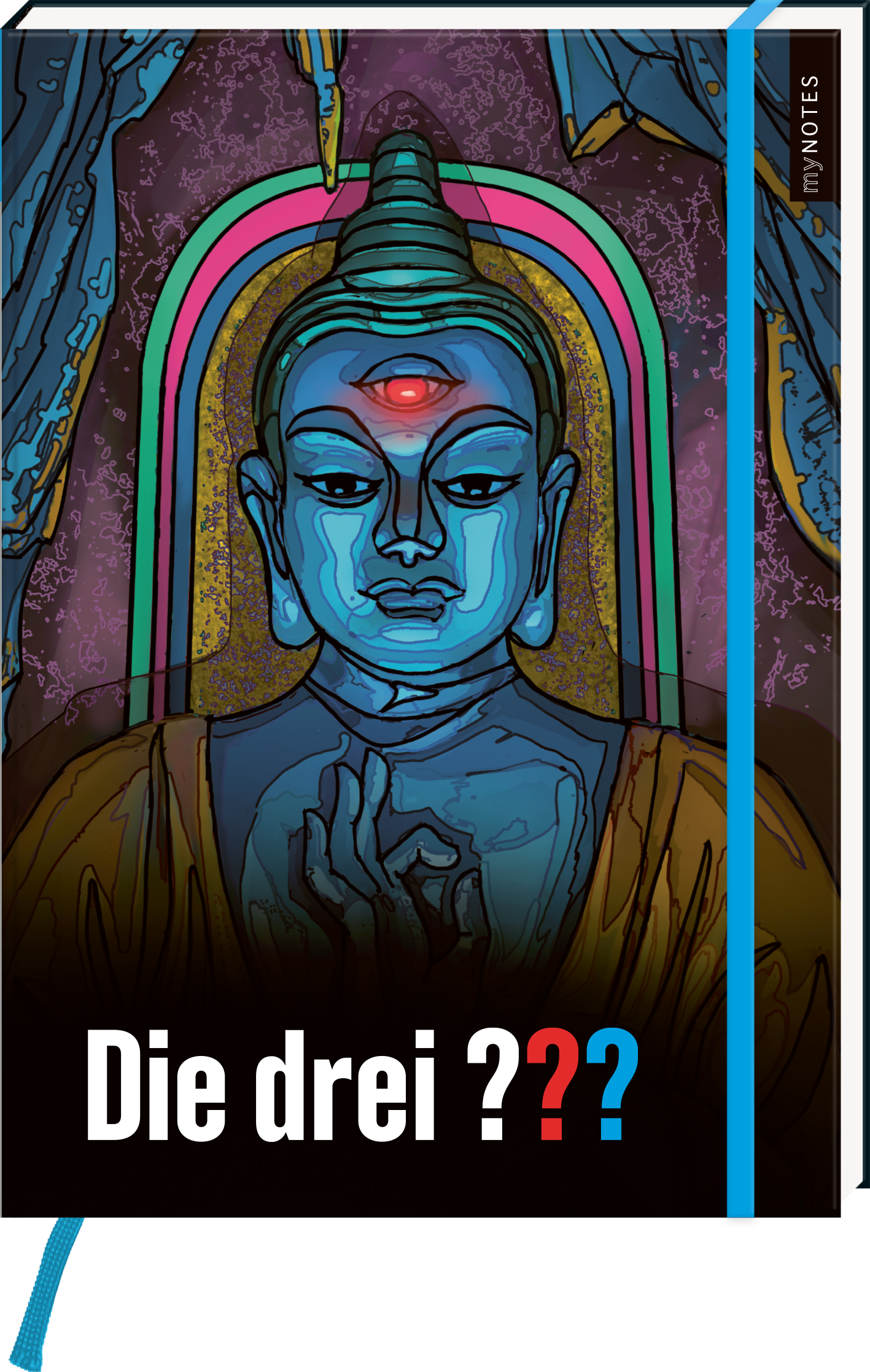Das Buchcover zeigt eine stilisierte Darstellung eines Buddha mit leuchtenden blauen und grünen Farbnuancen. Der Buddha hat einen dritten Augensymbol in der Mitte der Stirn und erhebt die Hände in einer gängigen Geste, die Ruhe und Weisheit ausstrahlt. Der Titel „Die drei ???“ steht in auffälliger, weißer Schrift und ist am unteren Rand des Covers platziert. Ganz unten mittig steht der Logoschriftzug von arsEdition.