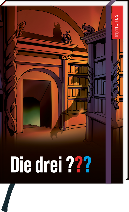 Das Buchcover zeigt eine geheimnisvolle Innenansicht mit hohen, geschwungenen Regalen, die voller Bücher stehen. Eine dunkle Tür führt in einen Schattenbereich, aus dem zartes grünes Licht strömt. Der Titel „Die drei ???“ ist in einer auffälligen weißen Schrift mit einem blauen Fragezeichen gestaltet, was Neugier weckt. In der oberen rechten Ecke befindet sich ein roter Button mit dem Text „my NOTES“. Ganz unten mittig steht der Logoschriftzug von arsEdition.